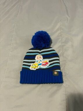 Cocomelon Blue Striped Pom Beanie Hat for Kids with Car Patch